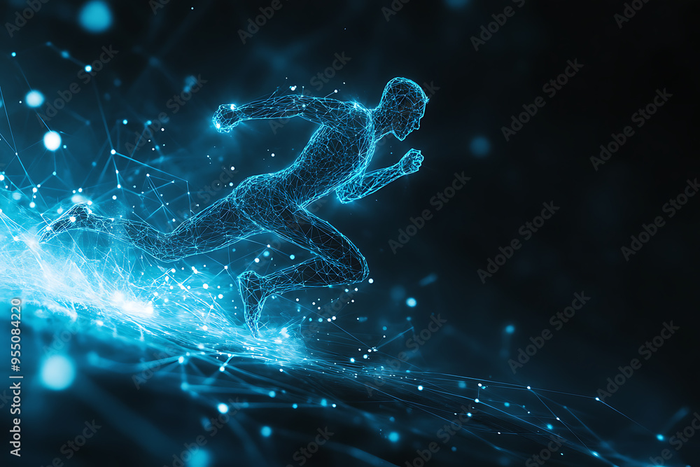 An abstract digital background banner featuring the image of a running man An abstract digital background banner featuring the image of a running man