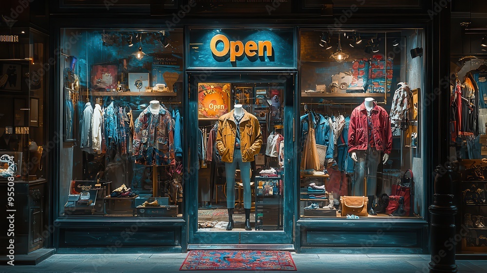 Chic Urban Clothing Boutique Window Display with Stylish Mannequins and Open Sign for Trendy Shoppers Chic Urban Clothing Boutique Window Display with Stylish Mannequins and Open Sign for Trendy Shoppers