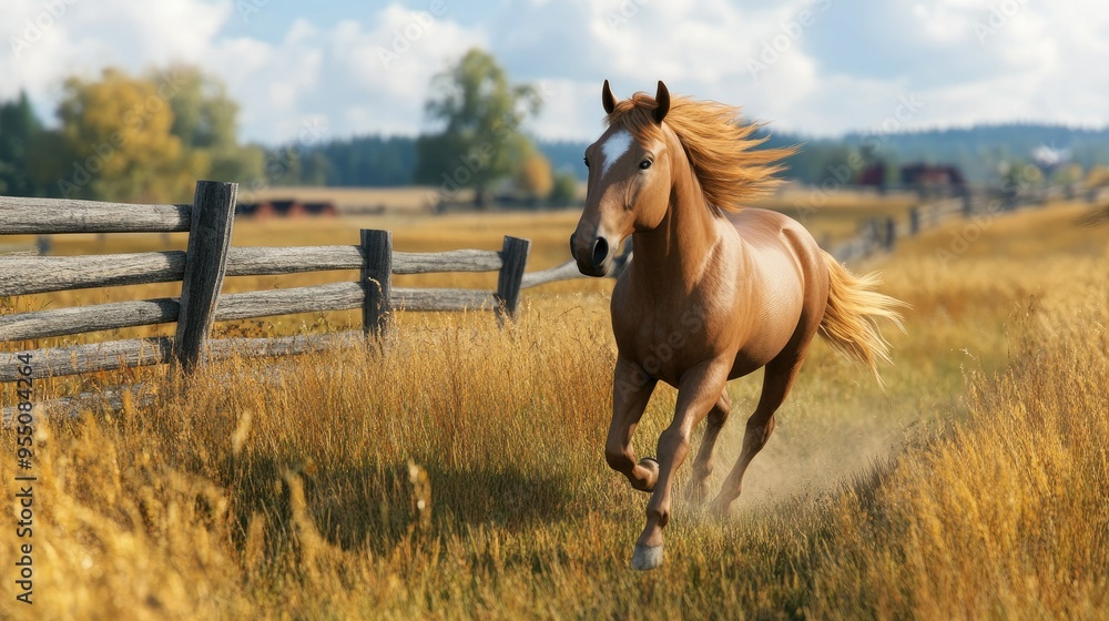 A horse running freely across a meadow, its mane flowing in the wind, with a wooden fence in the background. A horse running freely across a meadow, its mane flowing in the wind, with a wooden fence in the background.
