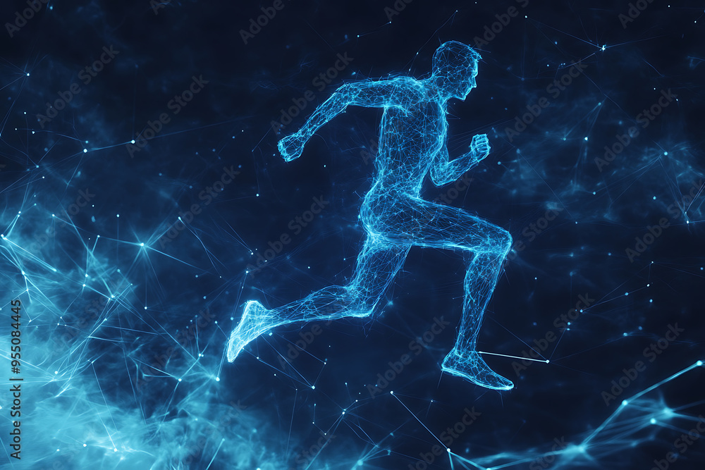 An abstract digital background banner featuring the image of a running man
