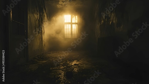 Abandoned room with cobwebs and eerie light