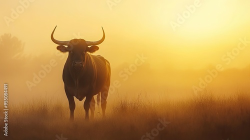 A majestic bull standing in a foggy field at dawn, with its breath visible in the cold morning air.