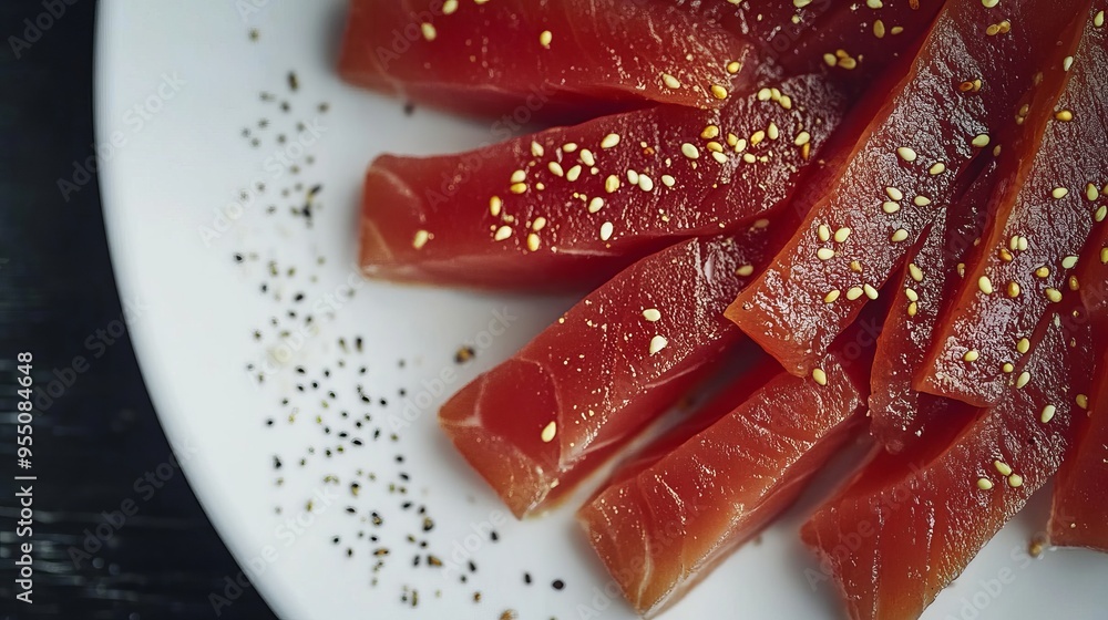 Close up of sliced raw tuna with sesame seeds on white plate. Close up of sliced raw tuna with sesame seeds on white plate.