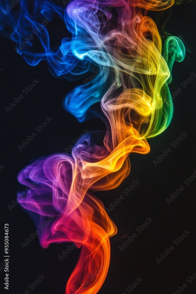A rainbow-colored swirl of smoke rising against a pitch-black background, creating a dynamic and fluid motion. A rainbow-colored swirl of smoke rising against a pitch-black background, creating a dynamic and fluid motion.