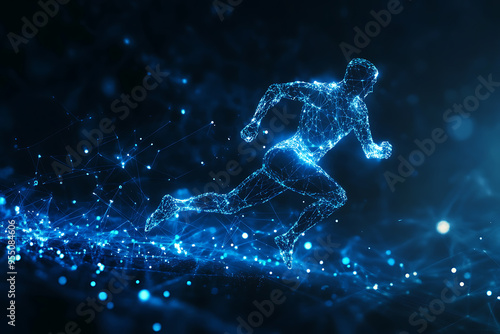 An abstract digital background banner featuring the image of a running man
