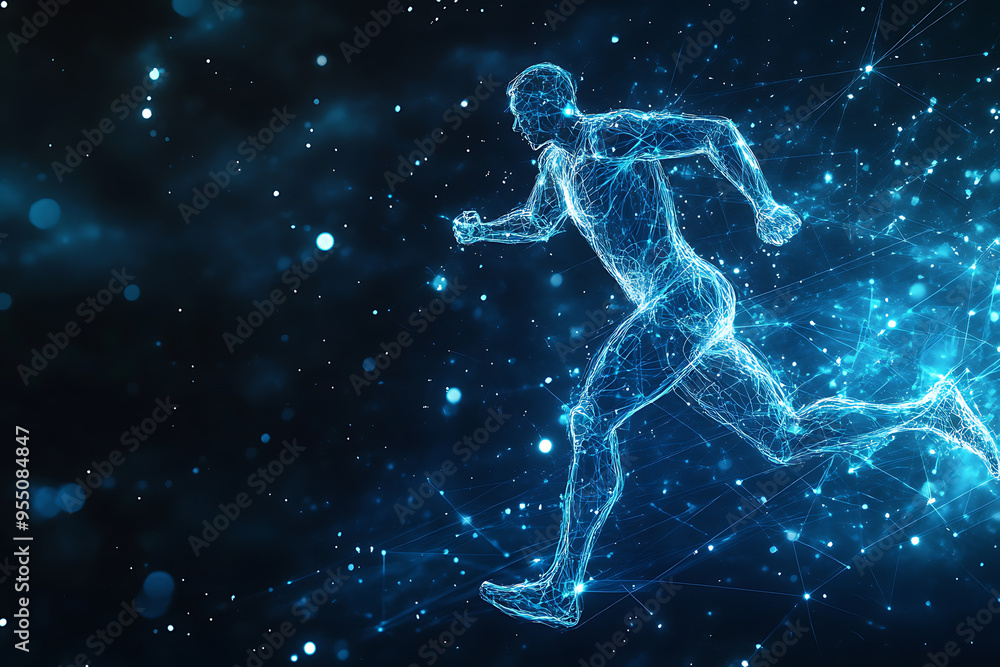 An abstract digital background banner featuring the image of a running man An abstract digital background banner featuring the image of a running man