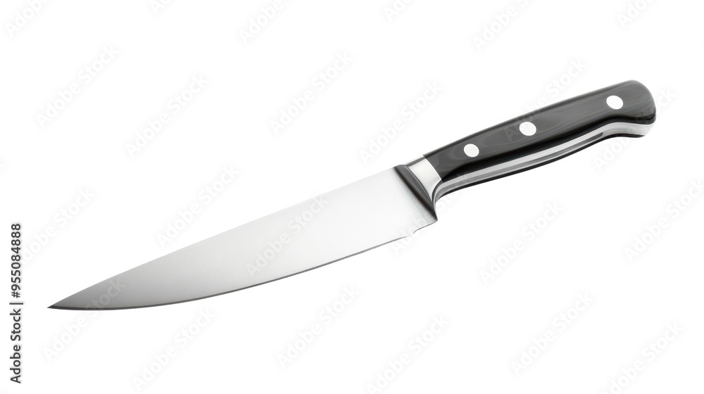 Sharp kitchen knife with sleek design and black handle, perfect for culinary tasks. Sharp kitchen knife with sleek design and black handle, perfect for culinary tasks.