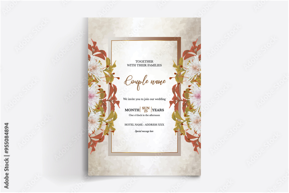 WEDDING INVITATION FRAME WITH FLOWER DECORATIONS WITH FRESH LEAVES WEDDING INVITATION FRAME WITH FLOWER DECORATIONS WITH FRESH LEAVES