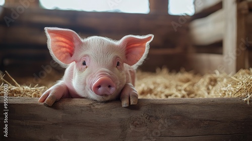 A piglet in a pen, symbolizing livestock farming and animal husbandry. photo