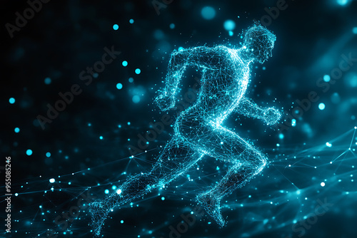 An abstract digital background banner featuring the image of a running man