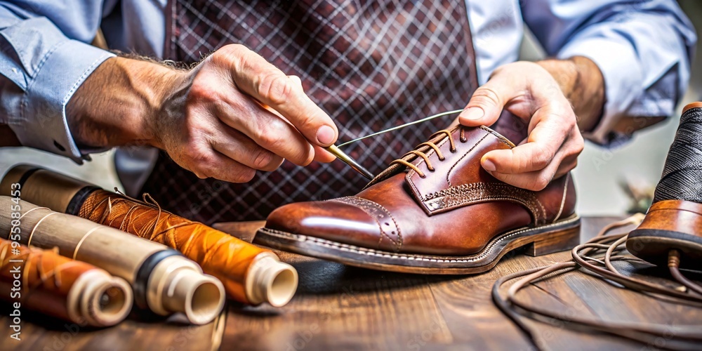 Fototapeta premium Shoemaker Crafting Leather Shoes in Workshop. A skilled shoemaker carefully crafts a pair of leather shoes in his traditional workshop. 