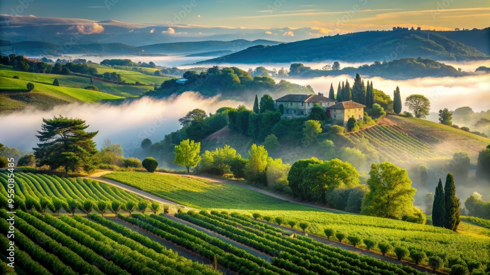 Serene morning landscape of Vaucluse, France, with rolling hills, lush green vineyards, and a misty fog hovering above the quiet rural countryside. Serene morning landscape of Vaucluse, France, with rolling hills, lush green vineyards, and a misty fog hovering above the quiet rural countryside.
