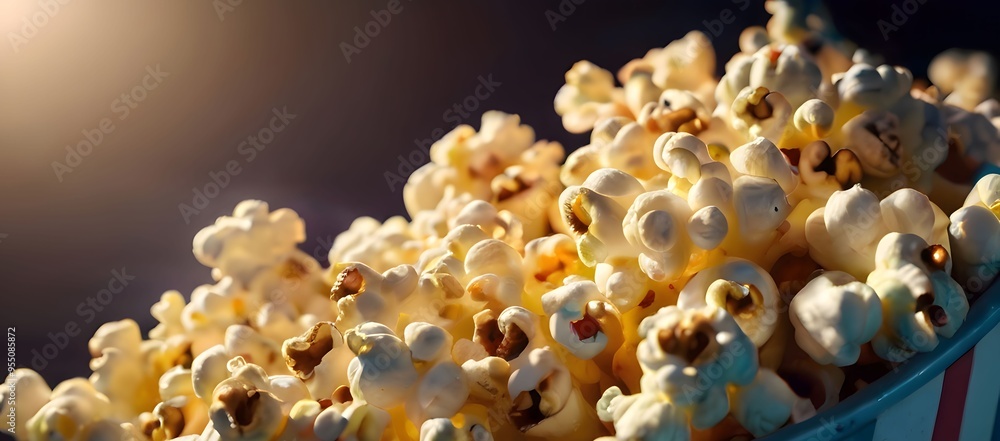 Lots of popcorn on dark background. cinema concept empty banner, copy space for text Lots of popcorn on dark background. cinema concept empty banner, copy space for text