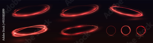 Light red Twirl. Red line curve light effect. Glowing red circle. Red light trail, vortex, wave speed, trace line twirl pedestal, podium, platform, table. Vector.