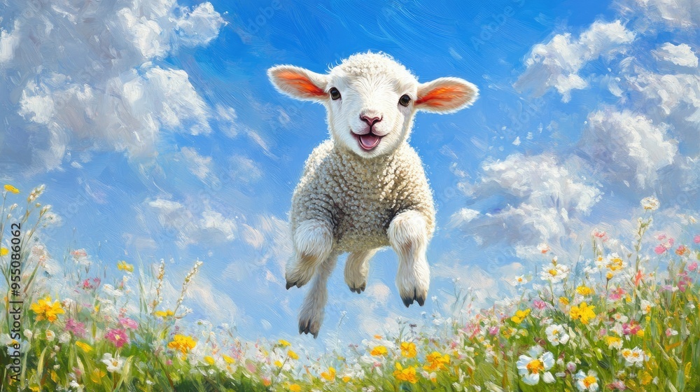 Fototapeta premium A young lamb frolicking in a meadow, with flowers blooming all around and a bright blue sky overhead.