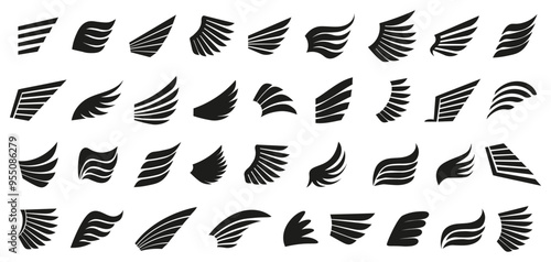 Wing logotype for tattoo. Bird, angel wings icons. Set of black wings icons. Collection badges of wings