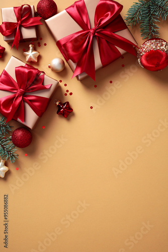 Festive Holiday Background. Cozy and celebratory scene with gift boxes adorned with vibrant red ribbons, Christmas ornaments, and pine branches on a warm beige backdrop. Perfect for holiday-themed pro