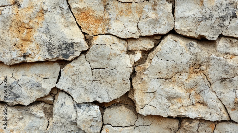 Close-up of weathered stone wall texture with natural cracks and uneven surfaces, ideal for rustic designs Close-up of weathered stone wall texture with natural cracks and uneven surfaces, ideal for rustic designs