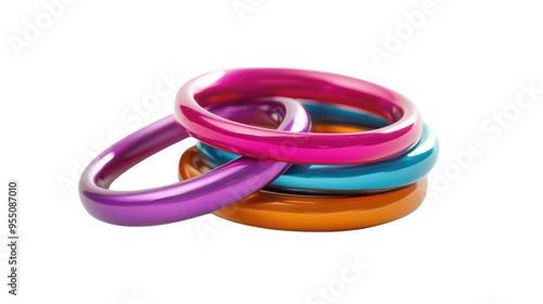 Colorful bangles in vibrant shades of purple, pink, blue, and orange create playful and cheerful display. 