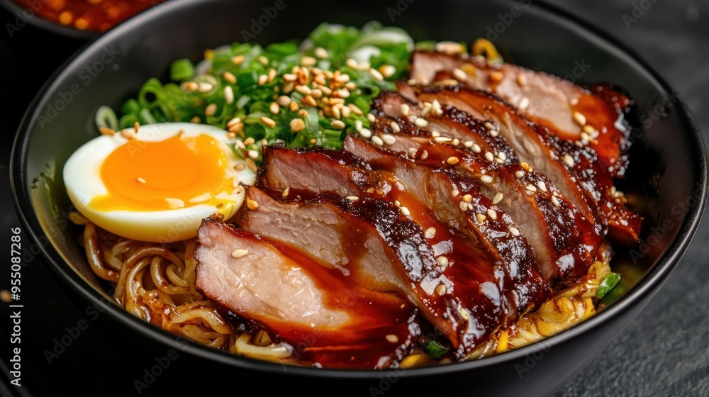 Delicious Asian Noodles with Pork, Egg, Sesame Seeds and Green Onions Delicious Asian Noodles with Pork, Egg, Sesame Seeds and Green Onions