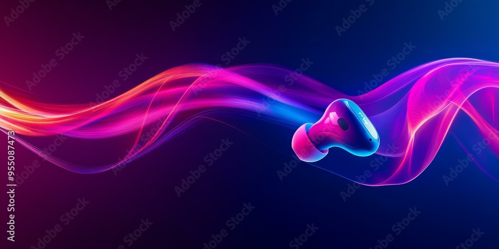 Wireless earbud on a neon blue and pink background. Wireless earbud on a neon blue and pink background.