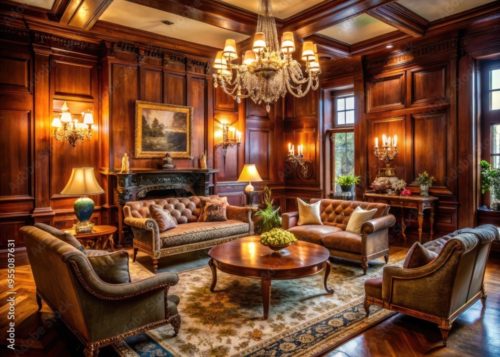 Elegant 1920s-style house interior with ornate chandelier, rich wood paneling, plush velvet furniture, and vintage accessories amidst a warm, inviting atmosphere of classic sophistication. Elegant 1920s-style house interior with ornate chandelier, rich wood paneling, plush velvet furniture, and vintage accessories amidst a warm, inviting atmosphere of classic sophistication.