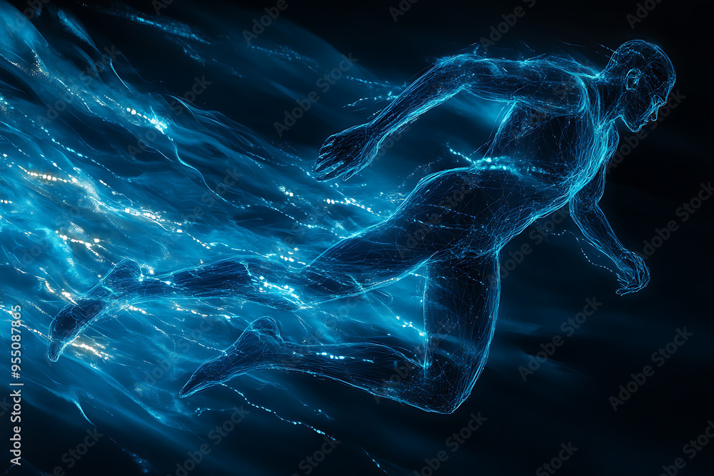 An abstract digital background banner featuring the image of a running man An abstract digital background banner featuring the image of a running man