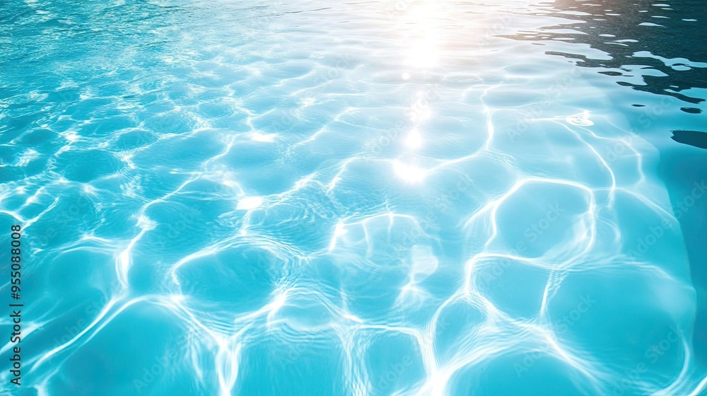 Obraz premium Crystal-clear swimming pool with sunlight creating rippling patterns on the water surface, perfect for a summer vibe