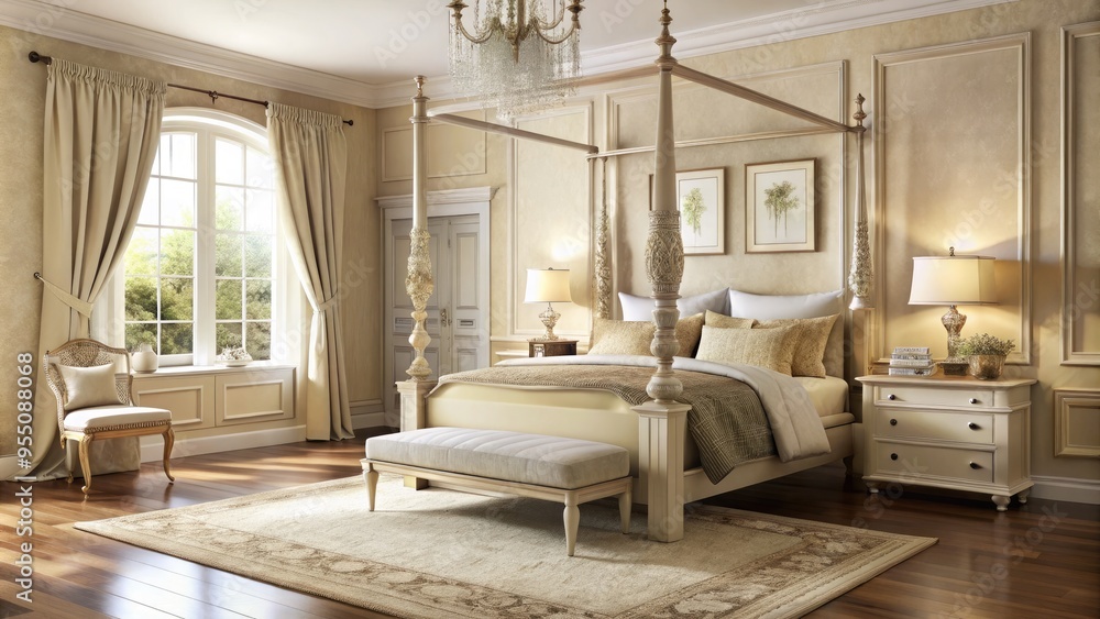 Elegant, cream-colored bedroom features a stunning four-poster bed, matching dresser, and nightstand, with subtle patterned rug and delicate curtains, exuding refinement and serenity. Elegant, cream-colored bedroom features a stunning four-poster bed, matching dresser, and nightstand, with subtle patterned rug and delicate curtains, exuding refinement and serenity.