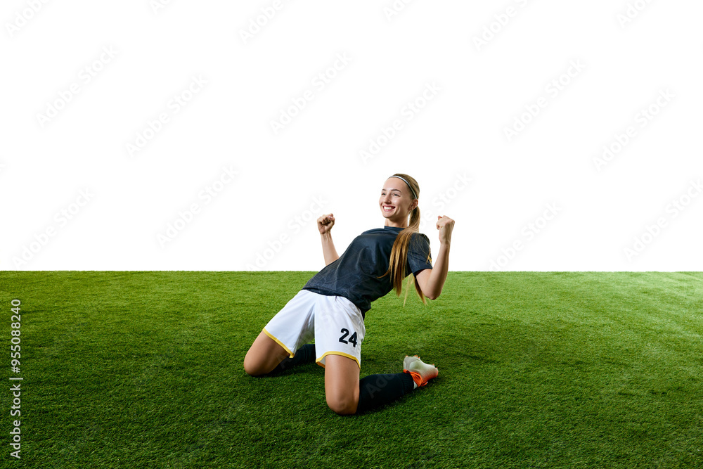 Young athletic woman, mid-20s, soccer player, kneeling on field with fists raised in triumph, her face lit up with victorious smile. Concept of sport, competition, tournament, games, event. Young athletic woman, mid-20s, soccer player, kneeling on field with fists raised in triumph, her face lit up with victorious smile. Concept of sport, competition, tournament, games, event.