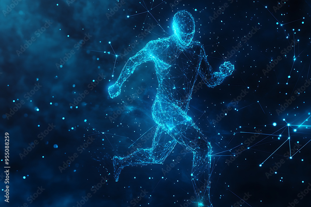 An abstract digital background banner featuring the image of a running man An abstract digital background banner featuring the image of a running man