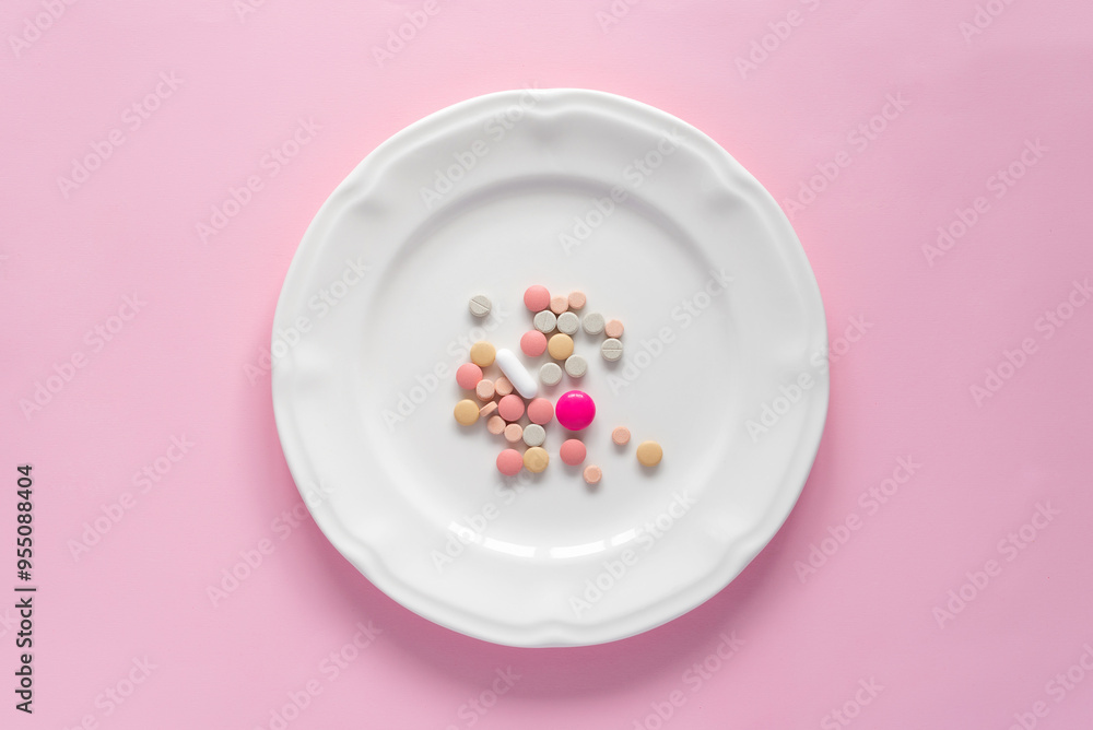Top view of several colorful tablets and pills on a white plate on pink background. Creative pills concept Top view of several colorful tablets and pills on a white plate on pink background. Creative pills concept
