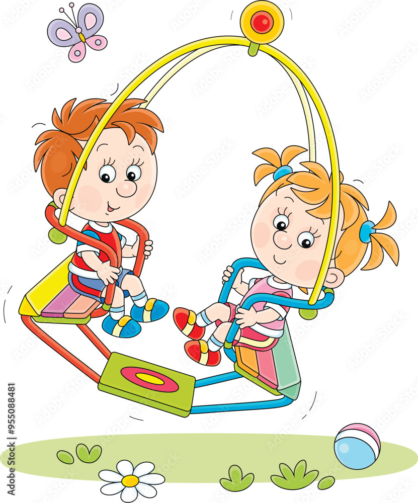Naklejka premium Cheerful little boy and girl swinging on a summer playground in a park, vector cartoon illustration on a white background