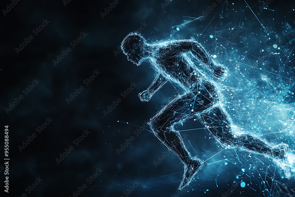 An abstract digital background banner featuring the image of a running man An abstract digital background banner featuring the image of a running man