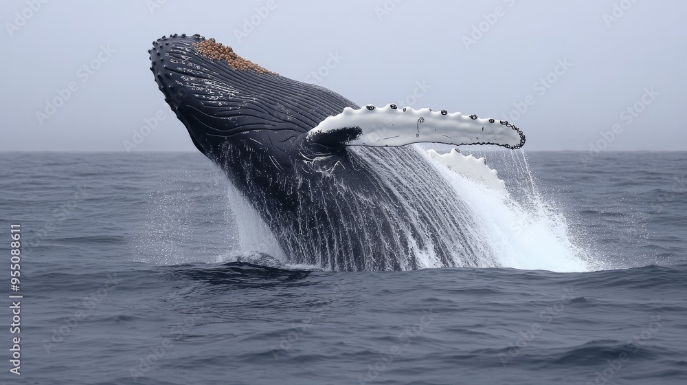 Fototapeta premium A humpback whale breaching the ocean surface in a misty environment.