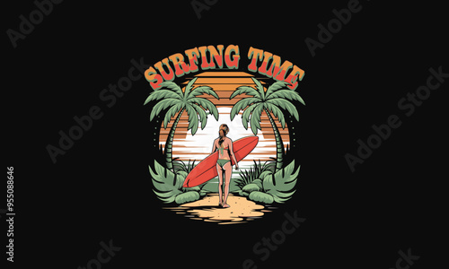 A surfer standing between palm trees, ready for sunset surfing.