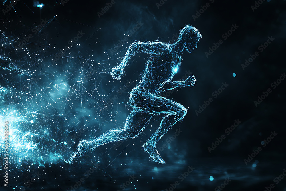 An abstract digital background banner featuring the image of a running man An abstract digital background banner featuring the image of a running man