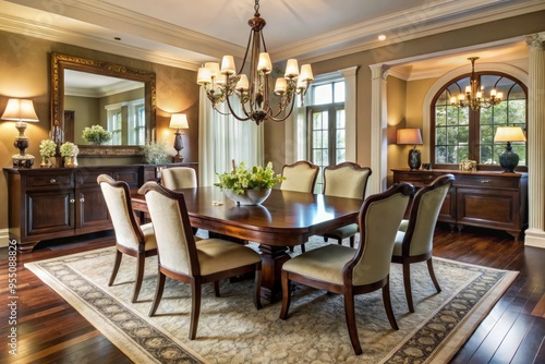 Elegant formal dining room setting with sophisticated dark wood furniture, cream-colored chairs, and exquisite chandelier, perfectly styled for a luxurious family dinner gathering.