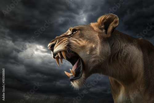 Lioness roaring under a dramatic stormy sky at dusk photo