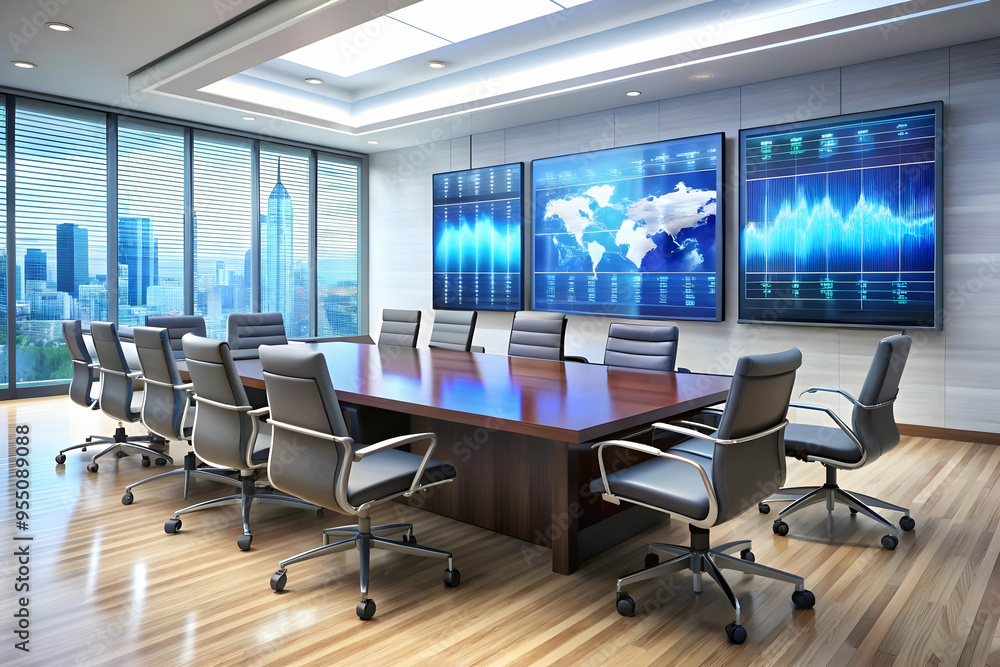 3D AI Driven Corporate Boardroom Background with Digital Data Visualizations and Modern Design - Cost Effective Decision Making Concept 3D AI Driven Corporate Boardroom Background with Digital Data Visualizations and Modern Design - Cost Effective Decision Making Concept