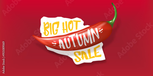 Super Big Hot Autumn sale horizontal banner with red chili cayenne pepper isolated on red background. Vector 3d horizontal seasonal Autumn hot sale poster, flyer, banner, tag and background.