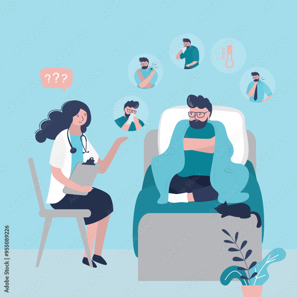 Doctor came to sick guy at home. Specialist talking with patient about flu symptoms. Man sits covered in blanket and drinks tea. Medical visit at house. Doctor came to sick guy at home. Specialist talking with patient about flu symptoms. Man sits covered in blanket and drinks tea. Medical visit at house.