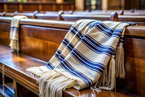 Elegant Jewish prayer shawl with intricate pattern and tassels, traditionally worn by men during religious services, lies folded on a wooden synagogue pew. photo