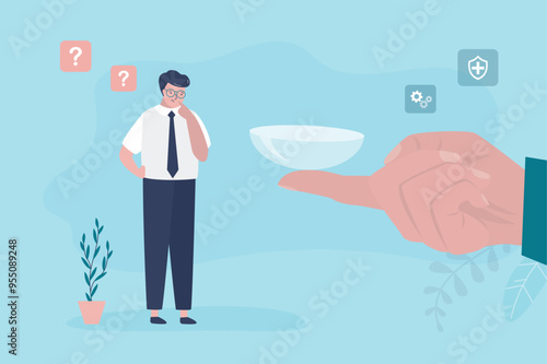 Ophthalmologist hand gives contact lens to poorly seeing man. Oculist doctor advises to wear contact lenses and help with poor vision. Healthcare, vision correction and medicine.
