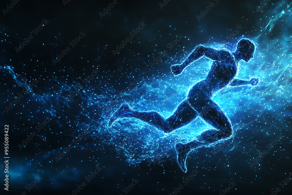An abstract digital background banner featuring the image of a running man An abstract digital background banner featuring the image of a running man