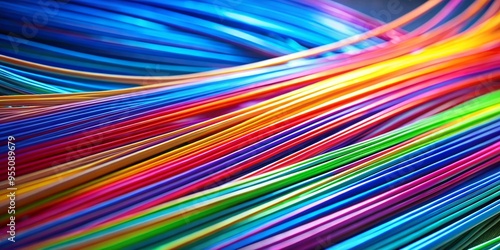 Colorful rainbow wires elegantly flow across a surface, showcasing vibrant hues and smooth textures under soft lighting