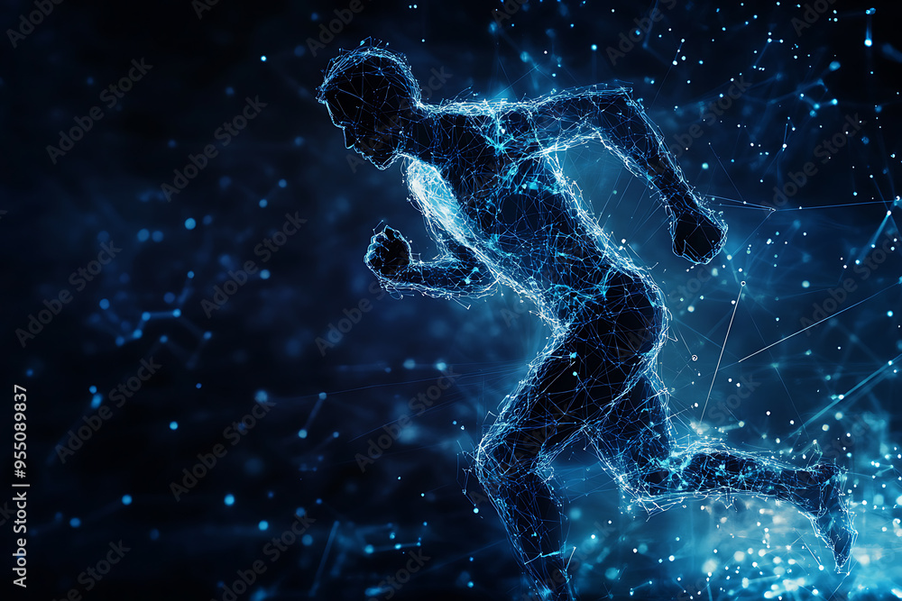 Naklejka premium An abstract digital background banner featuring the image of a running man