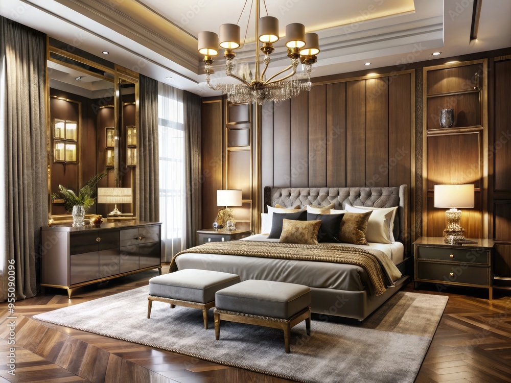Elegant, modern bedroom featuring sleek, high-gloss wood furniture, plush, velvety bedding, and opulent gold accents, exuding sophistication and refined luxury. Elegant, modern bedroom featuring sleek, high-gloss wood furniture, plush, velvety bedding, and opulent gold accents, exuding sophistication and refined luxury.