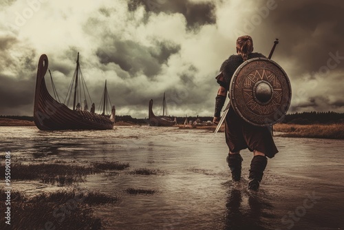Viking warrior walking towards ships in stormy weather