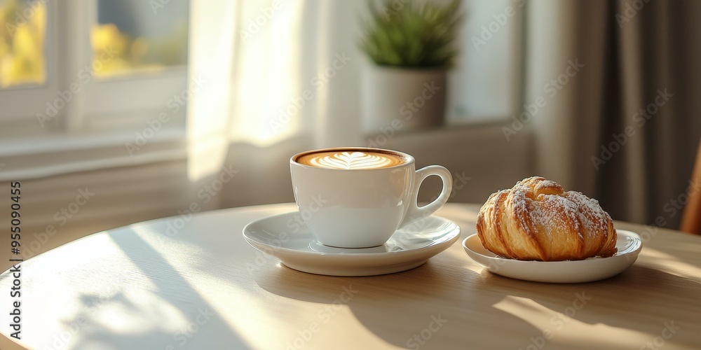 Coffee, pastry, and sunlight on a table. Coffee, pastry, and sunlight on a table.